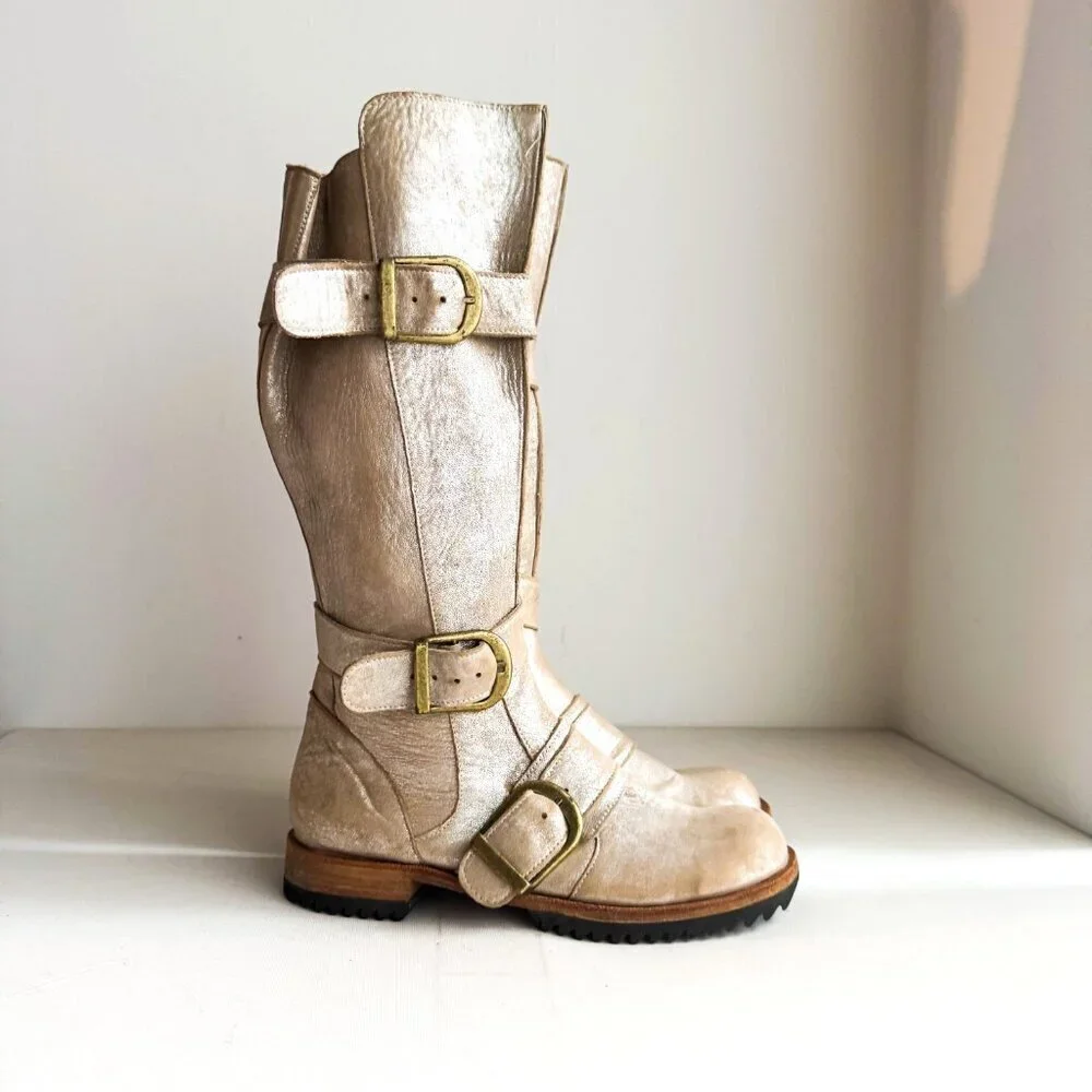 Jim Barnier Light Beige Suede Antique Gold Finish KNee High Boots 9